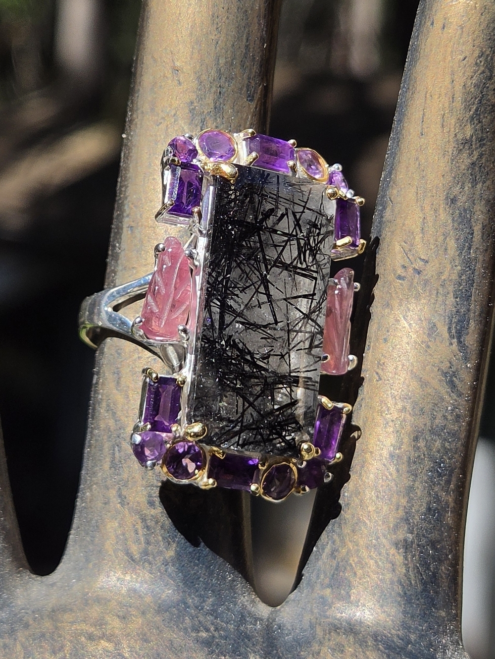 Rutilated 35k Quarts Amethyst & Tourmaline Cocktail Sterling &gold Ring Sz8 - Picture 6 of 8